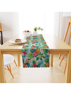 BenimOl Palmiye Yapraklı Tropikal Ananas Desenli Beyaz Zemin Yeşil Runner 40x140