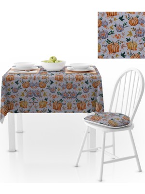 BenimOl Bal Kabağı Desenli Yapraklı Beyaz Zemin Turuncu Masa Örtüsü 140x260
