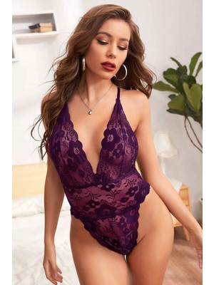 Glamfit Sırtı Ip Detaylı Dantelli Bodysuit Mor - 3055.1364.