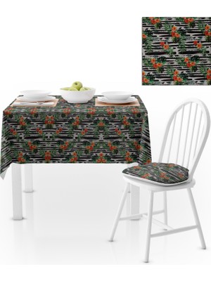 BenimOl Yaprak Desenli Siyah Beyaz Zemin Turuncu Yeşil Masa Örtüsü 140x180