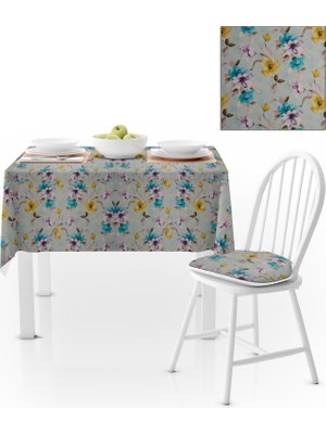 BenimOl Çiçek Desenli Hardal Mavi Masa Örtüsü 140x260