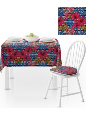 BenimOl Zambak Desenli Mavi Kırmızı Masa Örtüsü 140x180