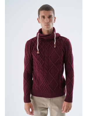 Trist Star Erkek Bordo Şal Yaka Yürütme Saç Örgülü Yün Triko Örme Kazak TRIST-5342