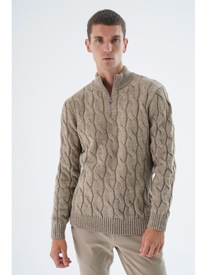 Trist Star Erkek Vizon Yarım Balıkçı Fermuarlı Saç Örgülü Yün Triko Örme Kazak TRIST-5339