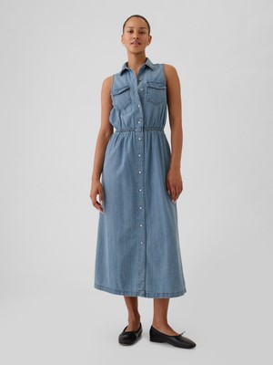 Gap Kadın Açık Mavi Western Denim Midi Elbise