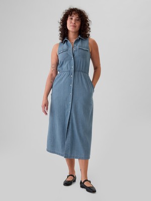 Gap Kadın Açık Mavi Western Denim Midi Elbise