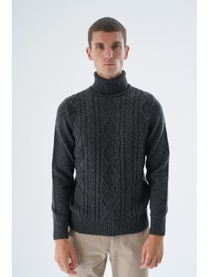 Trist Star Erkek Antrasit Balıkçı Yaka Yürütme Saç Örgülü Yün Triko Örme Kazak TRIST-5336