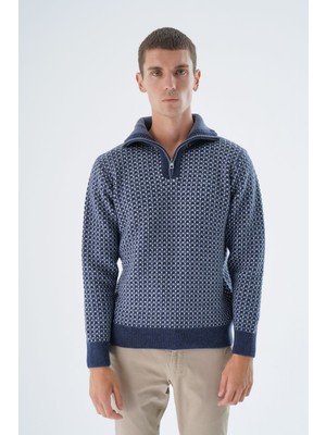 Trist Star Erkek Lacivert Kamyon Yaka Jakarlı Üç Renkli Fermuarlı Yün Triko Örme Kazak TRIST-5340