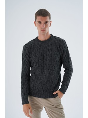 Trist Star Erkek Antrasit Bisiklet Yaka Saç Örgülü Yün Triko Örme Kazak TRIST-5324