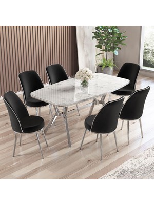 Canisa Lena Serisi 90 x 160 cm Lak Panel Beyaz Mermer Desen Krom Kaplama Ayaklı Masa Takımı Ve 6 Sandalye