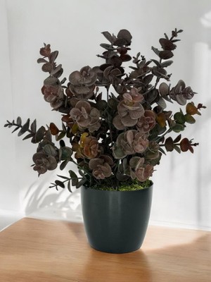 Nettenevime Yapay Çiçek Siyah Saksıda Okaliptus Şimşir Demeti Pudralı Pastel Kahverengi Dekoratif Yapay Bitki