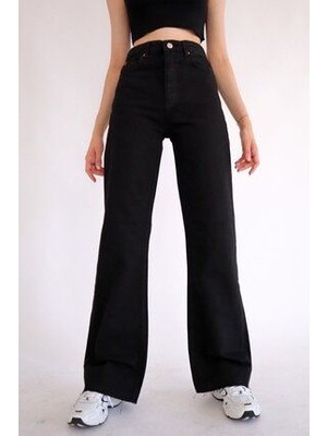 ByCukurovaFrango Evangeline Siyah Likralı Yüksek Bel Salaş Geniş Paça Kot Pantolon