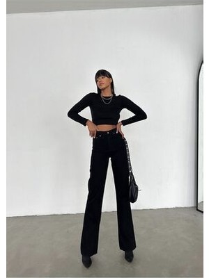 ByCukurovaFrango Leo Penelope Tessa Gold Ikon 90's Siyah Likralı Süper Extra Yüksek Bel Palazzo Salaş Jean Pantolon