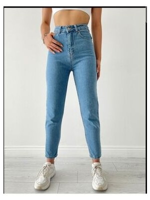 ByCukurovaFrango Orta Açık Mavi Likralı Mom Süper Yüksek Bel Mom Jeans