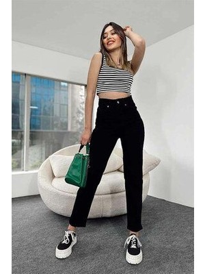 ByCukurovaFrango Yüksek Bel Likralı Siyah Düz Mom Jeans Mom Jeans ( 1 Beden Küçük Alın )
