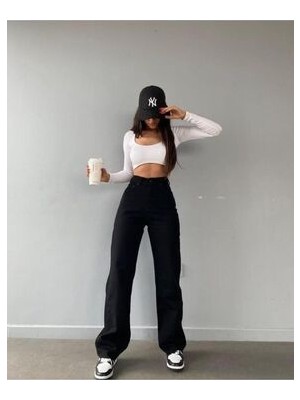 ByCukurovaFrango Yüksek Bel Siyah Palazzo Jeans Esnek Kot Pantolonn 2024