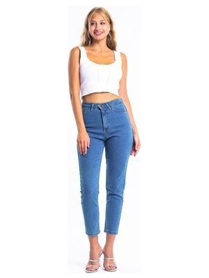 ByCukurovaFrango Düz Mavi Yüksek Bel Likralı Mom Jean