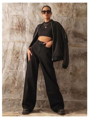 ByCukurovaFrango Siyah Süper Extra Yüksek Bel Bol Paça Palazzo Salaş Jean Pantolon(1 Beden Büyük Alınız)