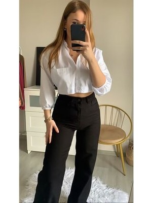 ByCukurovaFrango Morena Yüksek Bel Siyah Palazzo Jeans Likralı Esnek Kot Pantolon