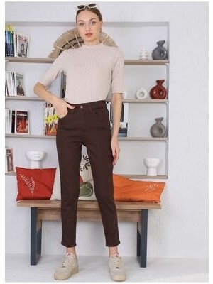 ByCukurovaFrango Lora Super Kahve Mom Boyfriend Kot Pantolon Yüksek Bel Esnek 2024