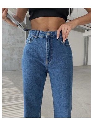 ByCukurovaFrango Orta Mavi Ful Likralı Love Republic Mom Jean