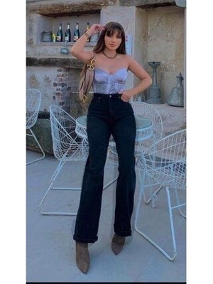 ByCukurovaFrango Yüksek Bel Siyah Kot Pantolon Siyah Salaş Jeans Likralı Esnek Palazzo