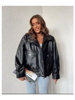 Vess Moda Kadın Deri Ceket Çift Cep Yan Büzgülü Siyah Renkli Şık Tasarım