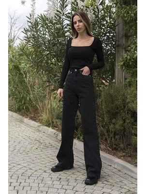 ByCukurovaFrango Lilyy Solmaz Simsiyah Extra Yüksek Bel Likralı Palazzosalaş Jean Pantolon 2024