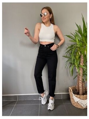 ByCukurovaFrango Tess Yüksek Bel Siyah Mom Jeans Power Likralı Esnek Kot Pantolon ( 1 Beden Küçük Alın )
