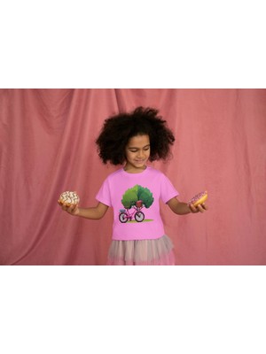 Bubuga Kız Çocuk Pamuk Fuşya Bisiklet Baskılı Kısa Kol Tshirt
