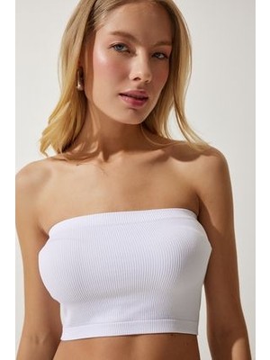 Straplez Fitilli Örme Büstiyer Beyaz