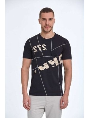 Voltaj Asimetrik Baskılı Pamuklu Bisiklet Yaka Tişört Lacivert