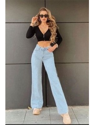Trn JNS Mavi Power Likralı Süper Yüksek Bel Salaş Jeans Palazzo Pantolon