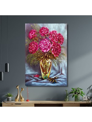 Tekli Dikey Kanvas Duvar Tablosu Vazoda Koyu Pembe Çiçekler