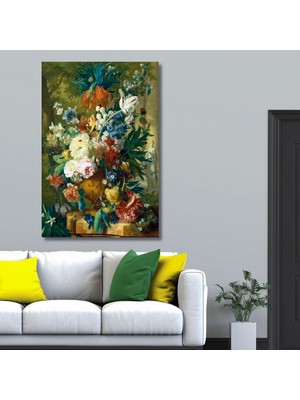 Tekli Dikey Kanvas Duvar Tablosu Mavi Çok Renkli Çiçekler