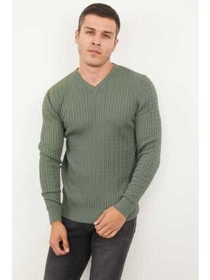 Saç Örgü V Yaka Pamuklu Parça Boya Triko Kazak Yeşil