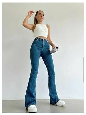 Limabel Orta Mavi Ispanyol Paça Kot Pantolon Yüksek Bel Flare Jeans Toparlayıcı( Extra Rahat)