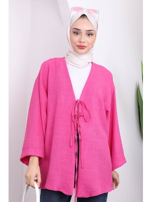 İmaj Butik Pembe Ön Bağlamalı Keten Kimono