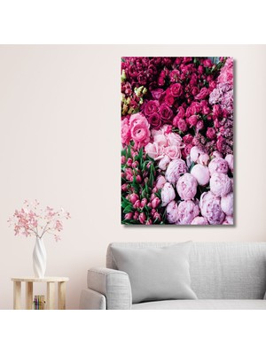 Tekli Dikey Kanvas Duvar Tablosu Pembe Renkli Taze Çiçekler