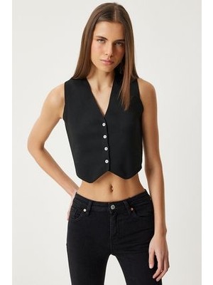 V Yaka Yazlık Crop Triko Yelek Siyah