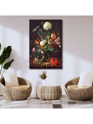 Tekli Dikey Kanvas Duvar Tablosu Turuncu Kelebek ve Çiçekler