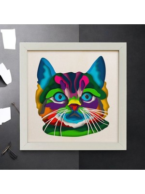 Cutline 3D Lazer Kesim Mukkava Renkli Kedi Desenli Duvar Dekoru - 30X30 cm Çerçeveli