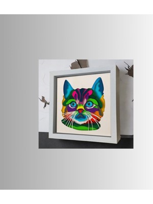 Cutline 3D Lazer Kesim Mukkava Renkli Kedi Desenli Duvar Dekoru - 30X30 cm Çerçeveli