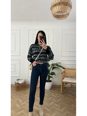 Vega Leon Lacivert Yüksel Bel Dar Paça Skinny Likralı Kot Pantalon