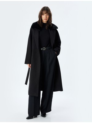 Koton Uzun Kaşe Kaban Suni Kürk Yaka Detaylı Cepli Kuşak Detaylı