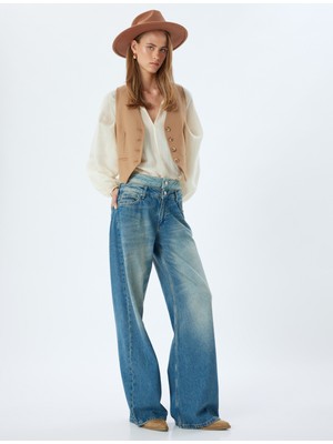 Koton Bol Kot Pantolon Çift Bel Detaylı Düğmeli Yıkamalı Loose Straight Fit Jean