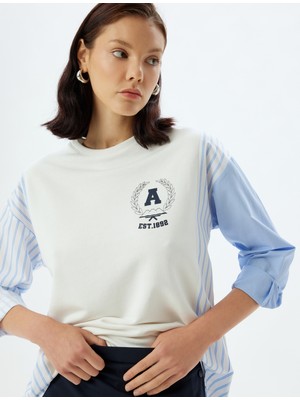 Koton Çizgili Sweatshirt Iki Farklı Kumaş Kullanımlı Bisiklet Yaka