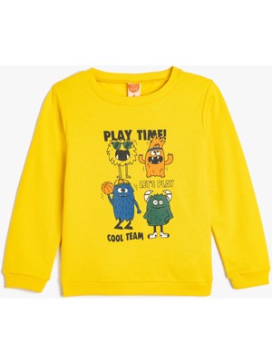 Koton Sweatshirt Canavar Baskılı Uzun Kollu Şardonlu Pamuklu