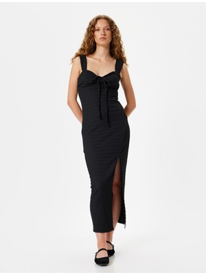 Koton Uzun Elbise Kalın Askılı Kalp Yaka Bağcıklı Yırtmaç Detaylı Bürümcük