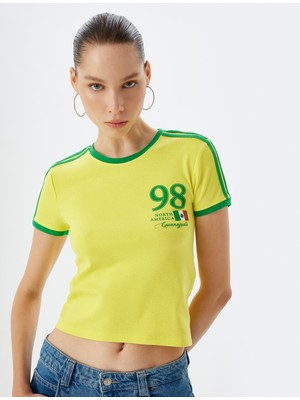 Koton Crop Tişört Bisiklet Yaka Slogan Baskılı Biyeli Kısa Kollu